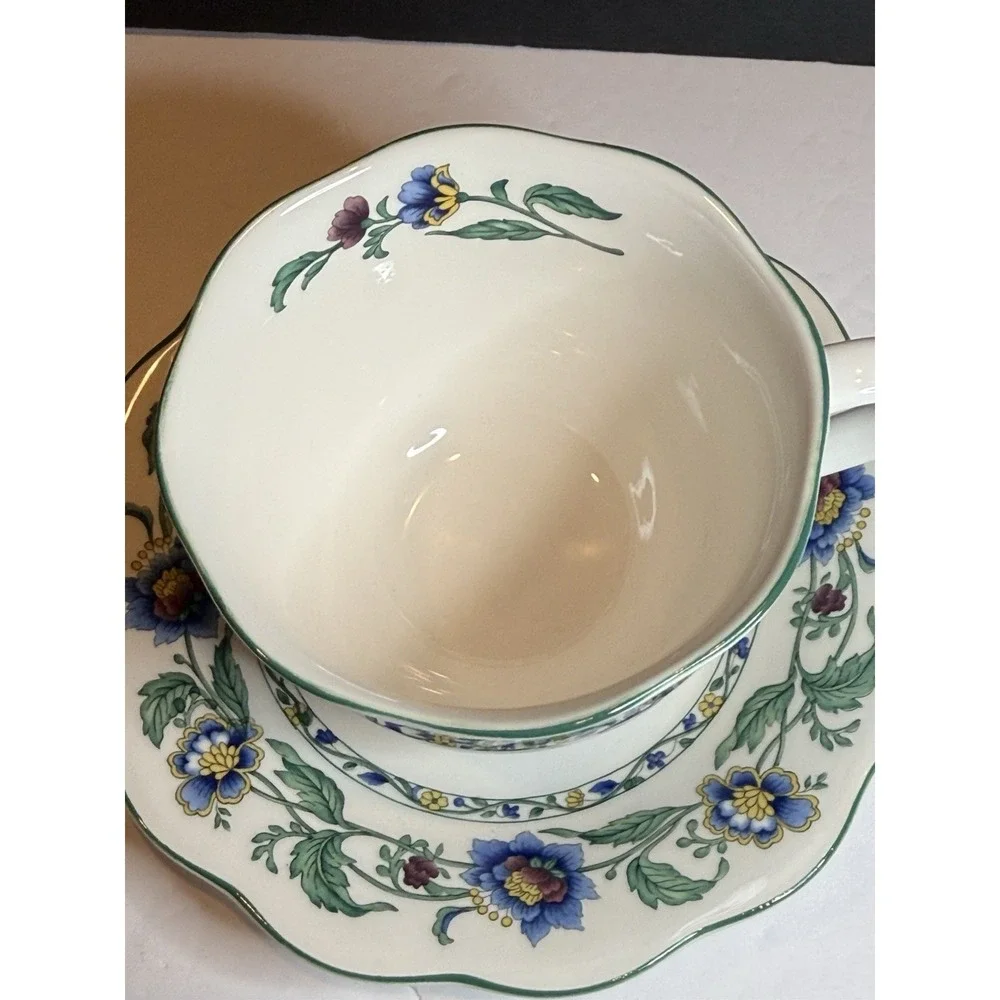 Nikko Oriental Garden Tea Cup & Saucer Set Floral White Blue #9875 Made in Japan